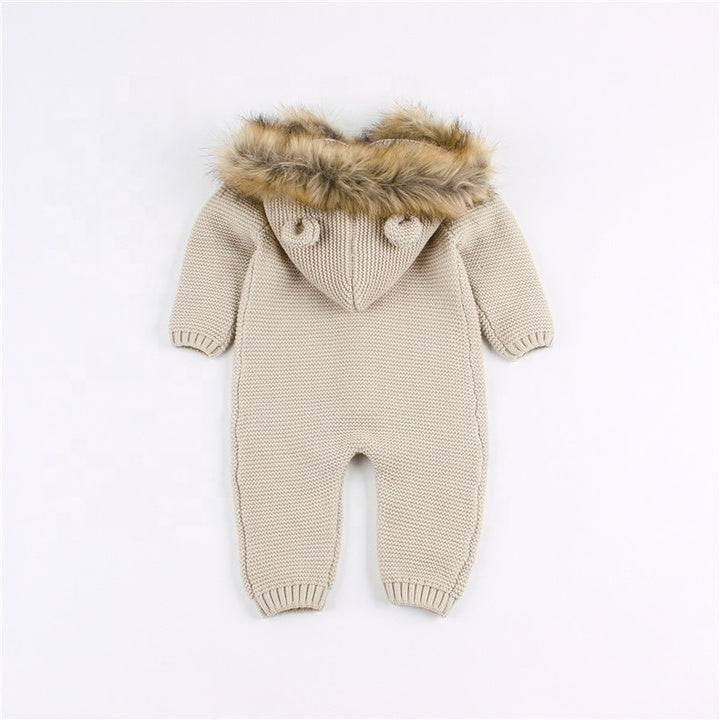 OEM Newborn Baby Winter Warm Overall Windproof Baby Romper with Fur Hood Button Closure for Solid Pattern Baby Overalls