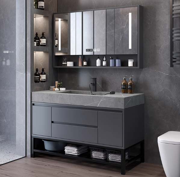Modern Grey Bathroom Vanity Set with LED Mirror Storage and Seamless Washbasin Bathroom Vanity Lighting