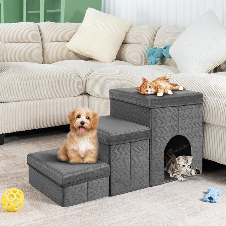 Hot Selling Foldable Pet Furniture Non-slip with Storage Box 3 Step Pet Stairs Ramp for Small Dogs and Cats