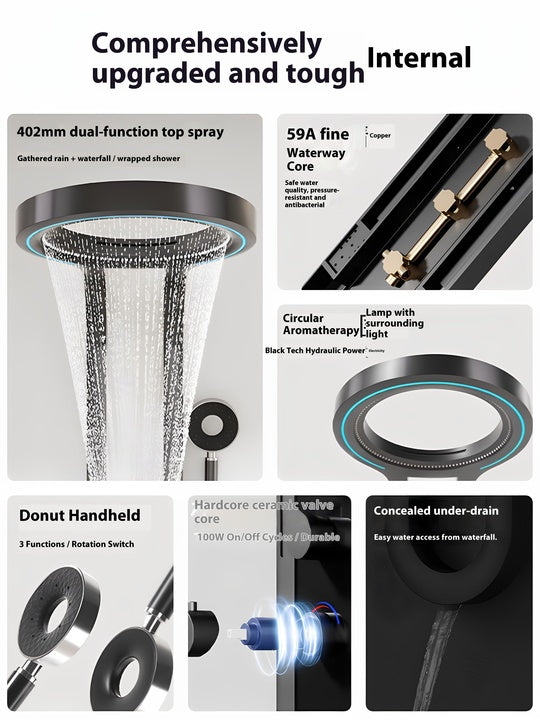 Luxury Smart LED Display Rainfall Soft Apartment Bathroom Shower Panels System Ceramic Valve Brass SPA Massage Waterfall Shower
