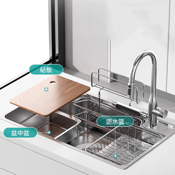 New Design SUS304 Stainless Steel Single Kitchen Sink Large Japanese Style Multifunctional Dishwashing Sink Square Single Hole