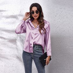 Wholesale multicolor casual shirt women's blouses & shirts fashion plain plus size top satin silk shirts