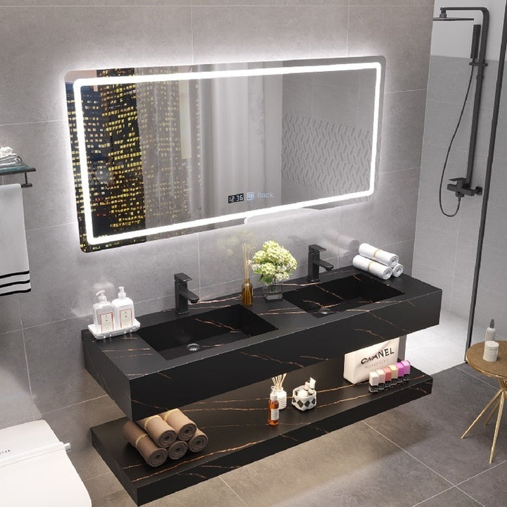 Nordic Modern Rock Board All-in-One Basin Bathroom Cabinet Copper Drainer Mirror Floor Standing Intelligent Light Luxury Design