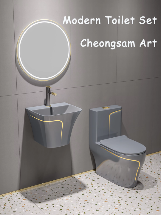 Modern Bathroom Sanitary Ware Square One Piece Toilet Bowl Floor Bathroom Sink and Ceramic Toilet Grey Gold Line Wc Toilet Set