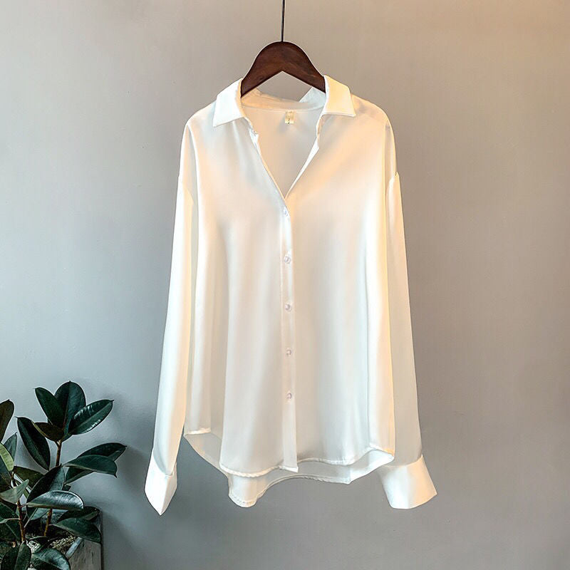Breathable Solid Silk Women Blouse Ladies Long Sleeve Satin Shirts V Neck Office White Blouse Shirt Women Tops