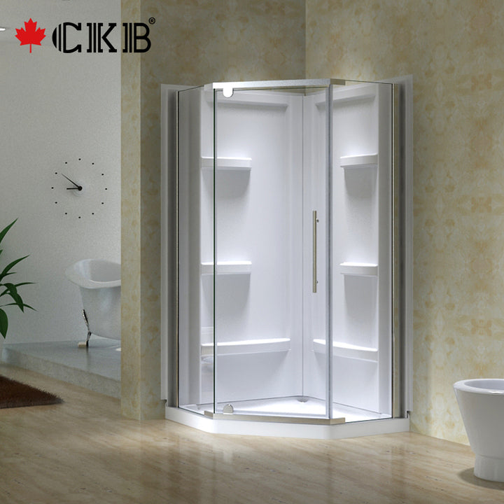CKB Modern Straight Freestanding Tempered Glass Neo Angle Semi-Frameless Pivot Aluminum Shower Enclosure