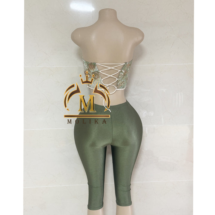New Summer Women Shorts Set Print Corset Crop Top and Stain Shorts 2 Piece Set Y2k Corset Two Piece Set Women Clothing