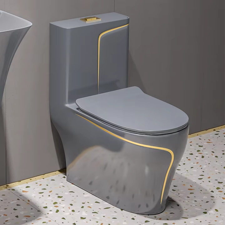 Modern Bathroom Sanitary Ware Square One Piece Toilet Bowl Floor Bathroom Sink and Ceramic Toilet Grey Gold Line Wc Toilet Set