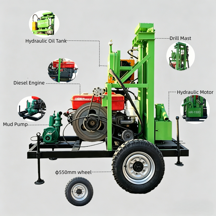 CE Certified HR-150D 150m Water Well Drill Rig 22HP Diesel Engine for Home Water Supply & Farm Use