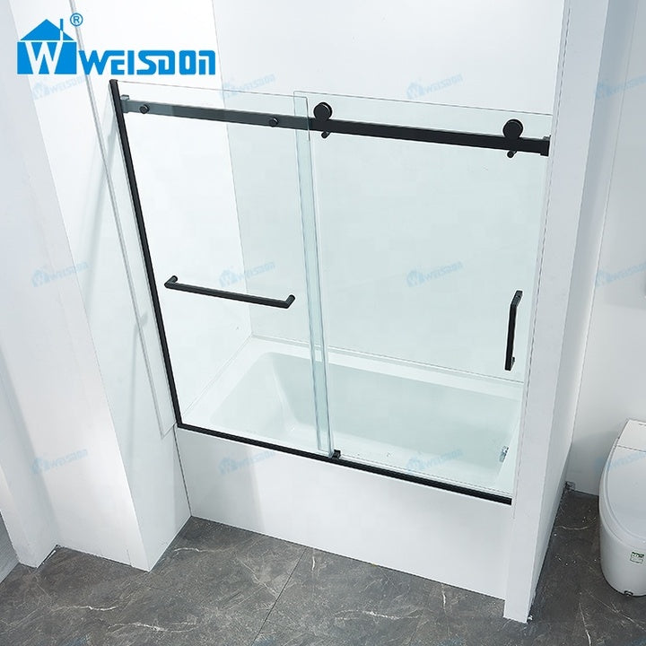 Weisdon Cheap Price Frameless Single Sliding Stainless Steel Tempered Glass Black Bathtub Shower Door