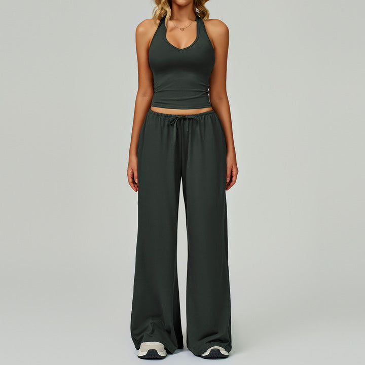 Border Brushed Solid Breathable Eco-Friendly Yoga Set Quick-Dry Four-Way Stretch Drawstring Halter Strap V-neck Sports Set