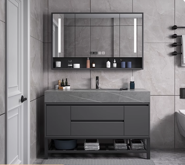 Modern Grey Bathroom Vanity Set with LED Mirror Storage and Seamless Washbasin Bathroom Vanity Lighting