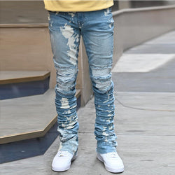 Heavyweight vintage acid wash blue denim pants men wholesale cut edge stacked jeans flare custom ripped distressed jeans