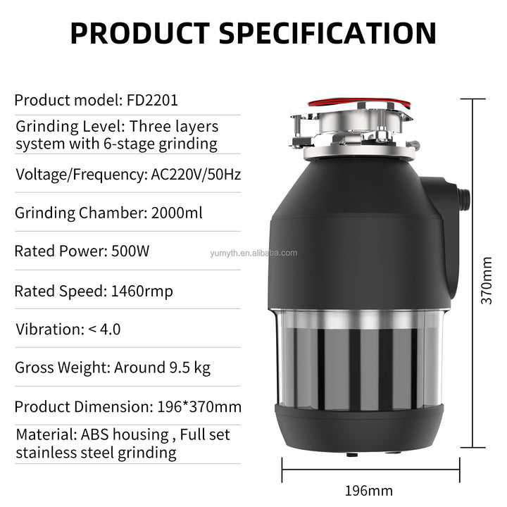 Electric AC Motor Kitchen Food Waste Disposer Continuous Feed Sound Insulated Garbage Disposal Stainless Steel Household Use