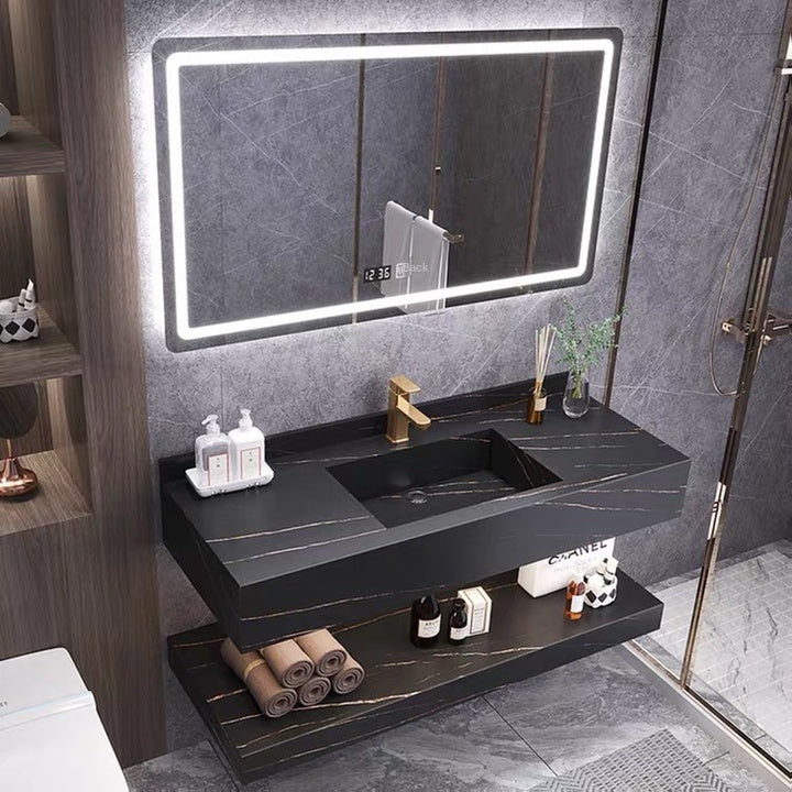Nordic Modern Rock Board All-in-One Basin Bathroom Cabinet Copper Drainer Mirror Floor Standing Intelligent Light Luxury Design