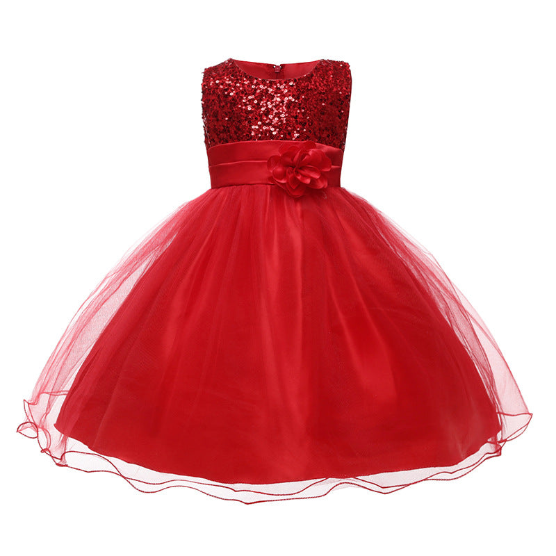 Summer Sleeveless Sequined and Flower Tulle Princess Kids Girls Dress