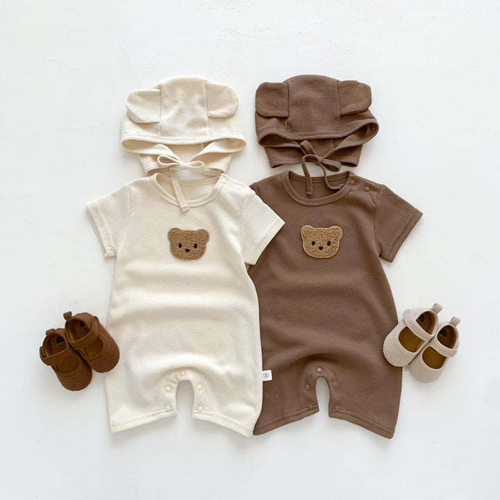 Cute Bear Waffle Newborn Baby Rompers Butt Wrap Baby Summer Rompers Short Sleeve Baby Clothes Set with Hat for Boys Girls