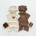 Cute Bear Waffle Newborn Baby Rompers Butt Wrap Baby Summer Rompers Short Sleeve Baby Clothes Set with Hat for Boys Girls