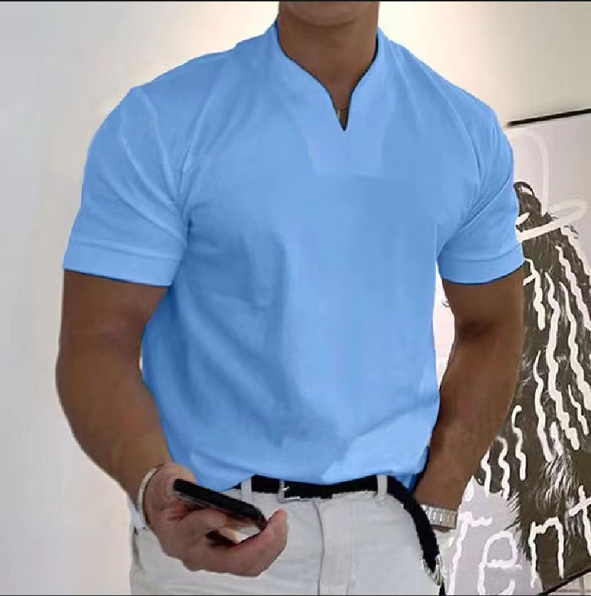 Muscular men's fitness plus-size sports t-shirt men's stretch cotton pocket short-sleeved summer V-neck Polo shirt