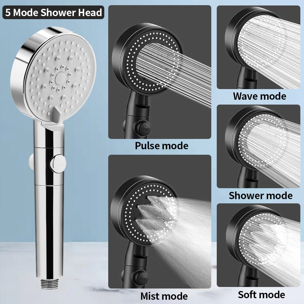 High Pressure Shower Head 6 Modes Adjustable Water Saving Black One-Key Stop Water Spray Nozzle with Filters Bathroom Accessorie