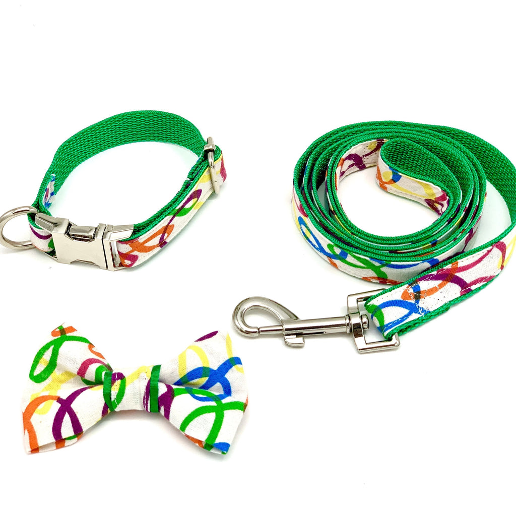 rainbow green dog collar bow tie set