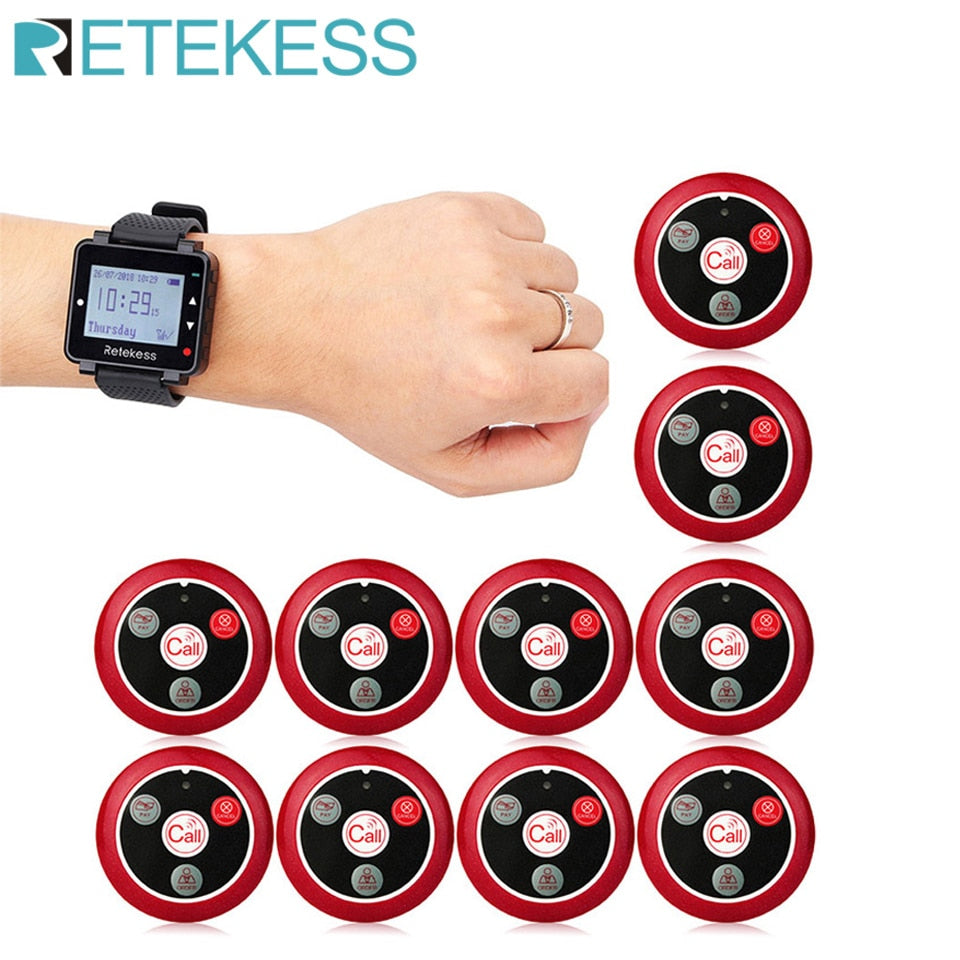 Retekess T128 Restaurant Pager Wireless Waiter Calling System Watch Receiver + 10pcs T117 Call Button For Cafe Clinic Dentist