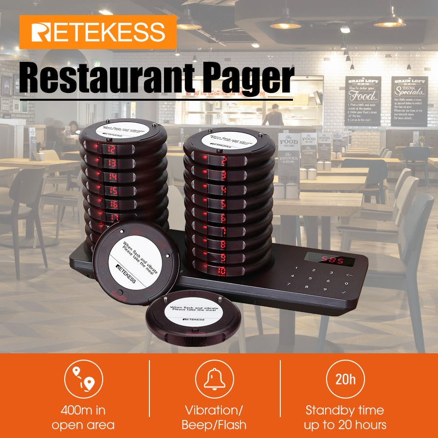 RetekessÂ TD163Â RestaurantÂ pagerÂ wirelessÂ callingÂ systemÂ 20Â coasterÂ buzzerÂ vibratorÂ bellÂ receiver beeperÂ forÂ foodÂ truckÂ cafeÂ bar