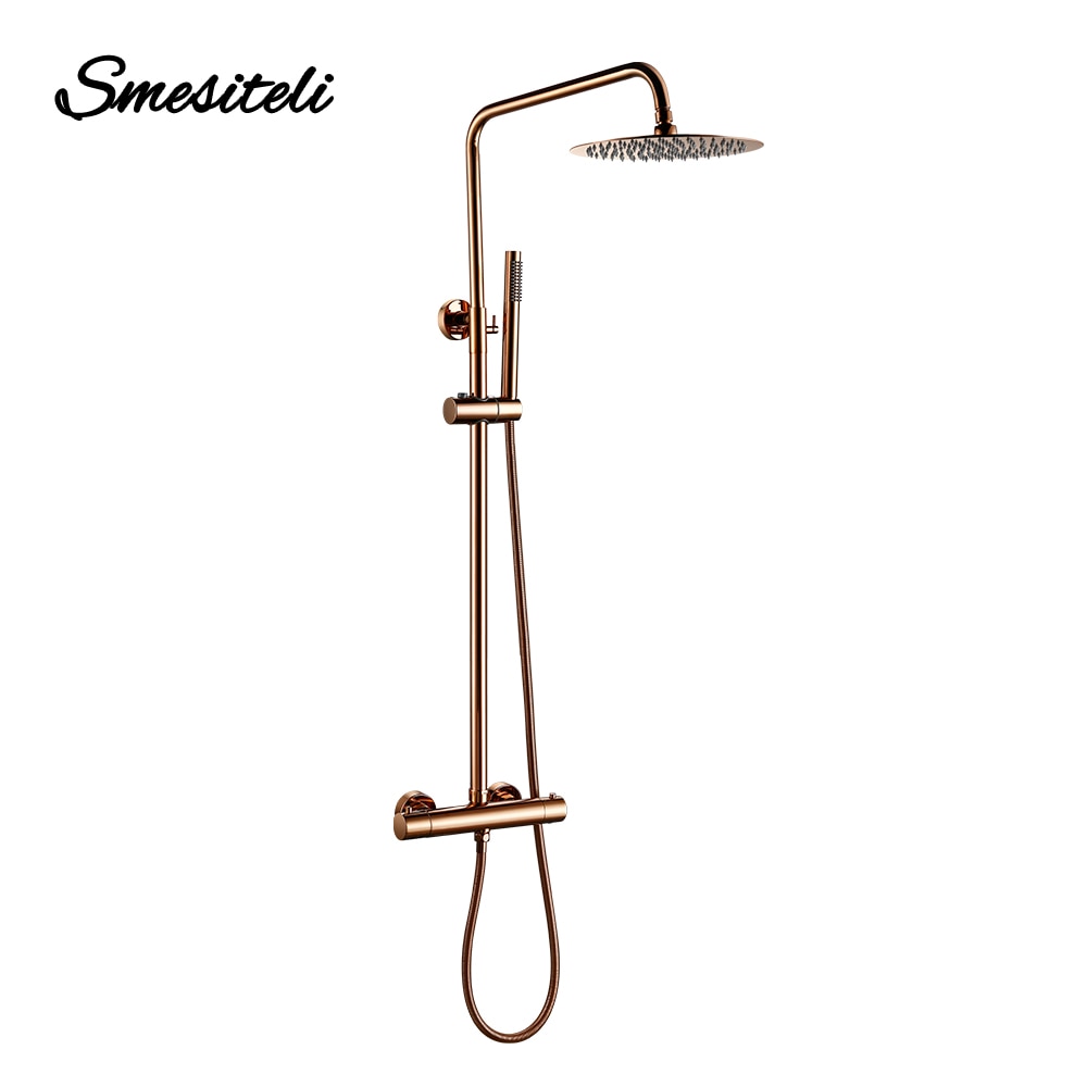 Rose Gold Thermostatic Shower Falcet Sets Wall Mount Brass Bathroom Blend Rainshower Falcet Rainfall Shower Systems Thermostat Tap