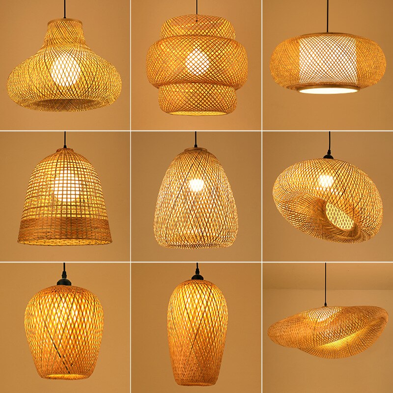Round Handmade Rattan LED Chandeliers Hanging Pendant Lighting Straw Hat Bamboo Pastoral Vintage Restaurant Cafe Art Suspension