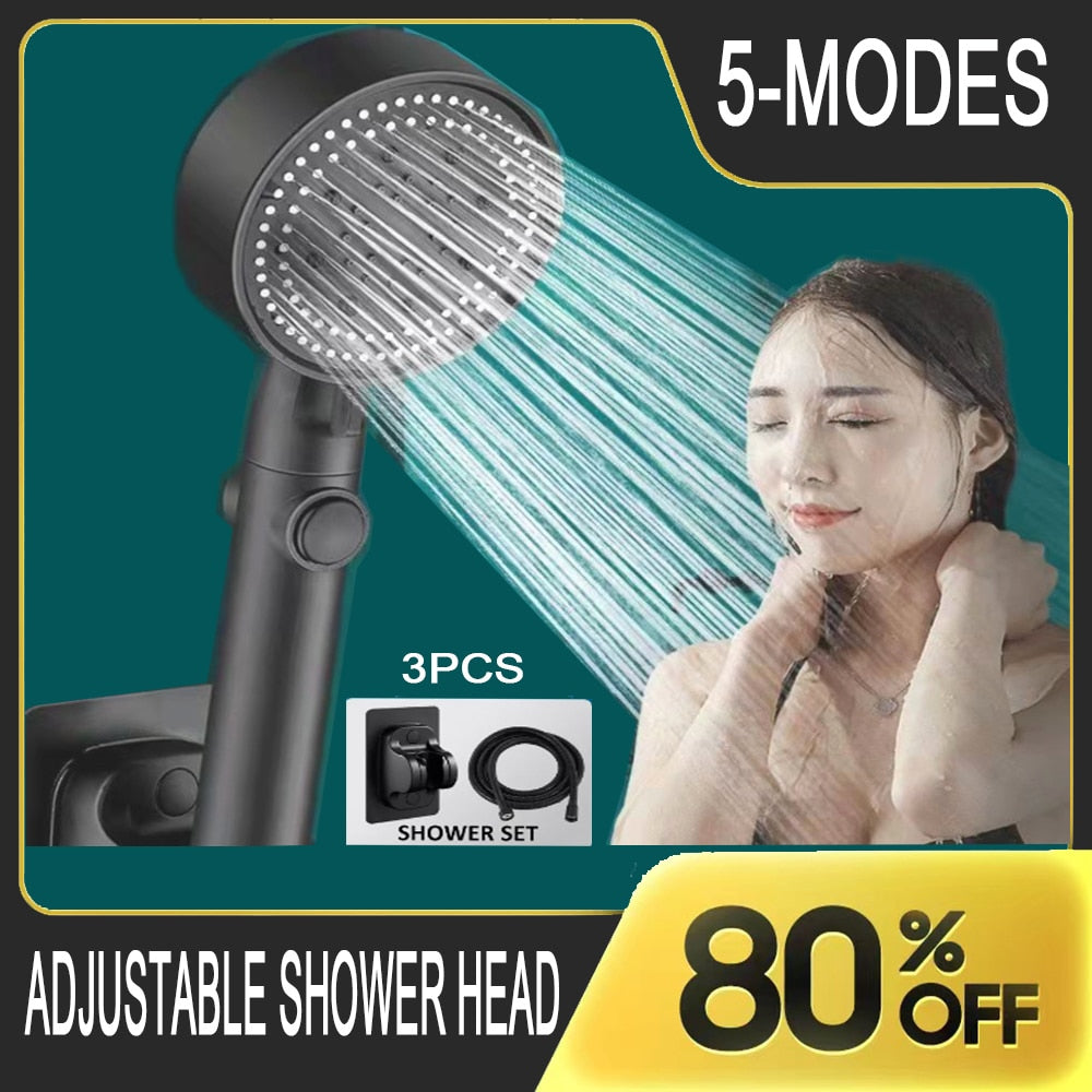 Shower Head Water Saving Black 5 Mode Adjustable High Pressure Shower One-key Stop Water Massage Eco Shower Bathroom Accessories