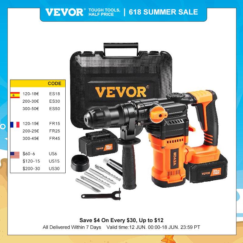 VEVOR 20V Rotary Hammer Drill Max Drilling 26mm 3 Modes SDS-Plus Concrete Chipping Cordless Breaker Perforator