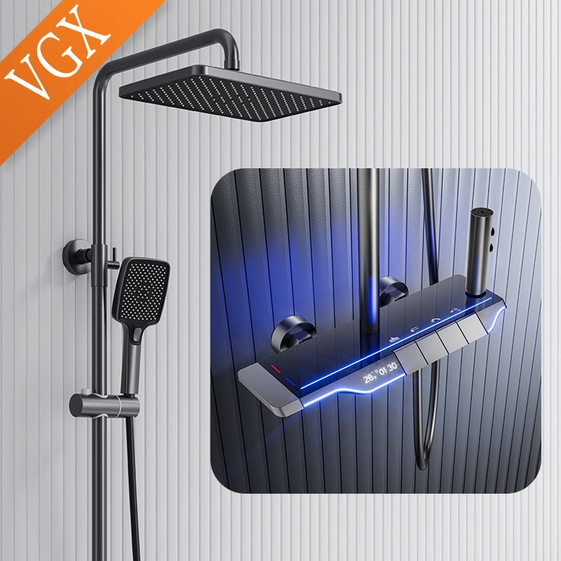 VGX Digital Shower System Intelligent Bathroom Temperature Display Shower Faucet Set Rainlfall Bathroom Mixer Bidet Shower Set