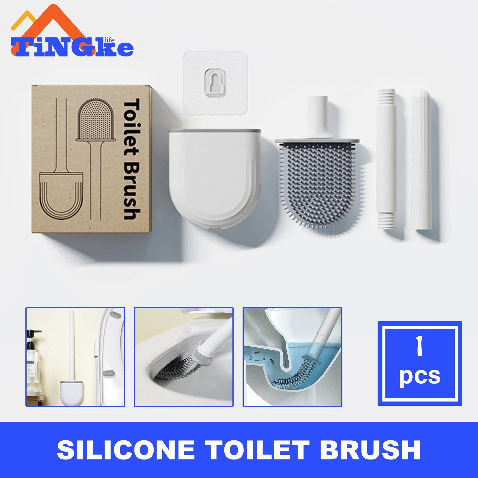 Wall Mounted Toilet Brush Silicone Flat Brush Head Toilet Brush Soft Bristles Hanging Toilet Brush Cleaning Brush Bathroom